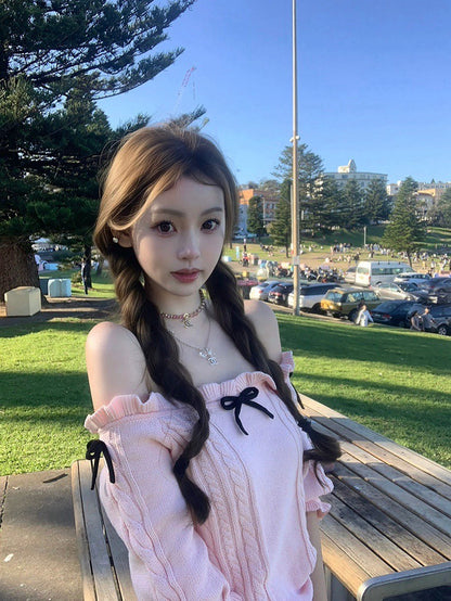 25Nov. 乖乖軟萌甜心一字領花邊針織短款套裝 草莓乳