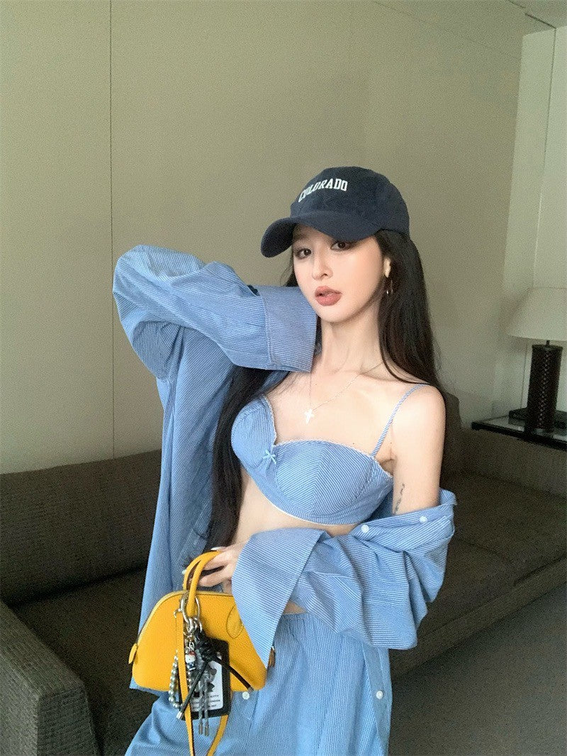 Jun. 慵懶霧透簡約條紋輕氧夏日3件套 藍