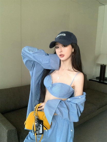 Jun. 慵懶霧透簡約條紋輕氧夏日3件套 藍