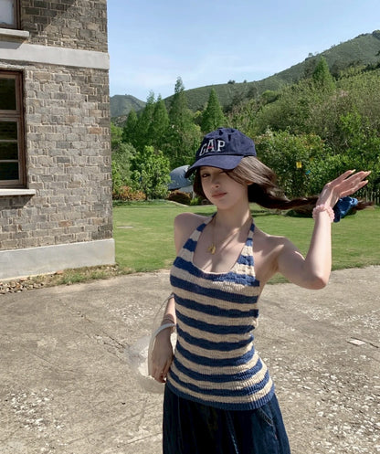 Jun. 海鹽涼風 冰沙紗線露背拼色針織背心