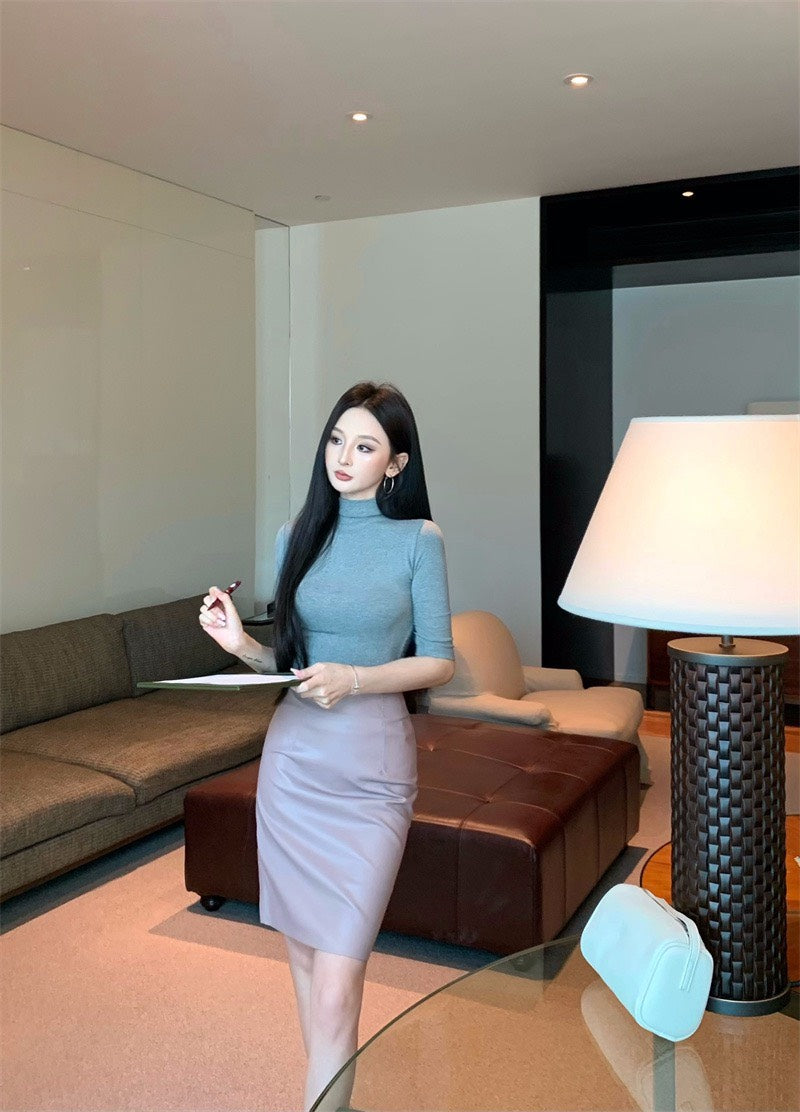 25Nov. 氣質基礎設計皮革修身半身裙 粉紫/咖/黑