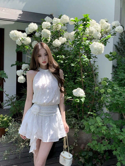 Jun. 潔白玉蘭 削肩掛脖收腰小白花連身裙