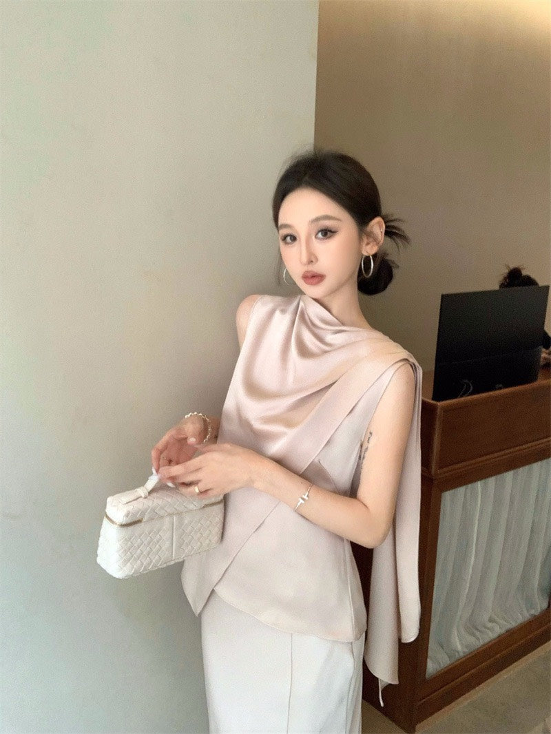 Jun. 羅馬Intellectual新法式緞感飄帶背心半身裙套裝 粉杏