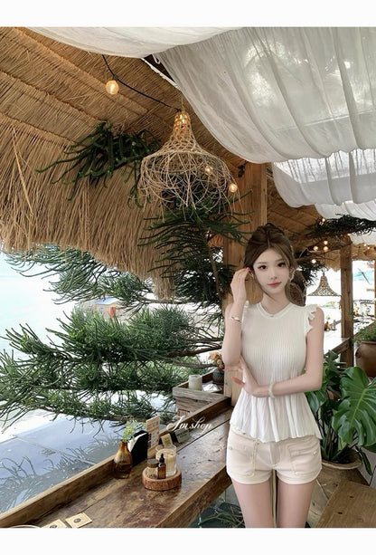 26Jun. 昭和girl娃娃荷葉涼感針織背心 白/藍