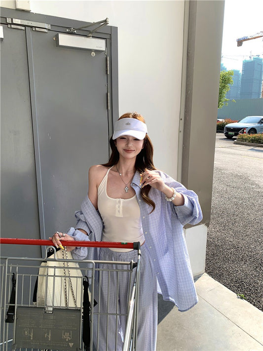 Jun. 奶藍泡芙休閒輕氧格紋襯衫 同花紋休閒褲 淺藍格紋