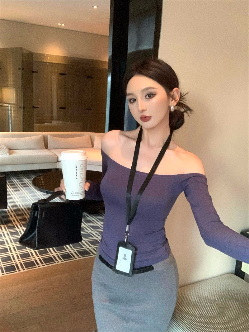 25Nov. 魅惑肩線一字領彈力長袖上衣 寶藍/卡其