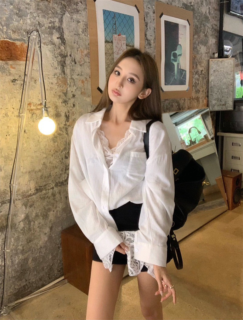 Jun. 慵懶清爽白色口袋襯衫 蕾絲打底花袖白色上衣