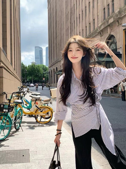 Sep. 氣質通勤 條紋側腰綁帶修身襯衫上衣 白/深藍