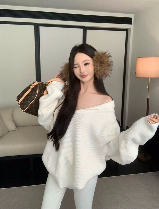 25Nov. 慵懶配套V小翻領針織休閒褲套裝 白/黑