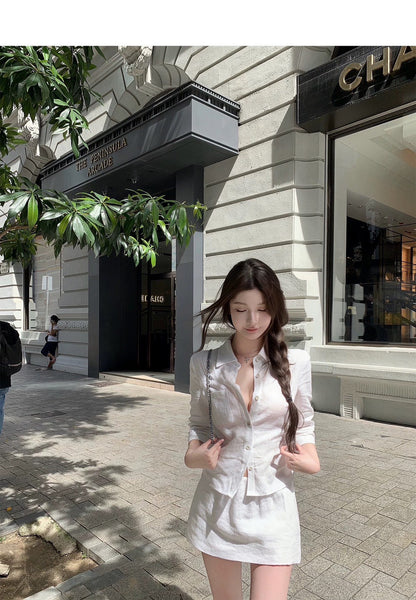 25Aug. 亞麻物語簡約七分袖襯衫低腰褲裙套裝 白色