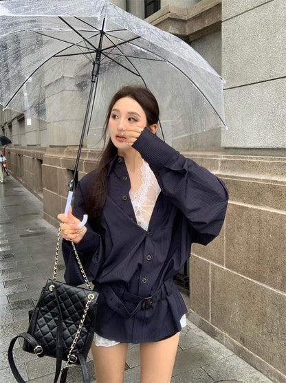 May. 休閒慵懶 通勤深藍色條紋襯衫裙 打底蕾絲連身裙