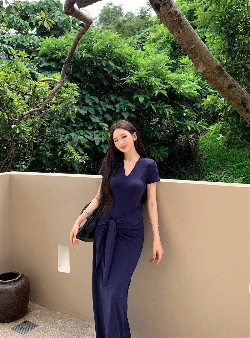 25Aug. 一件式穿不膩繫帶V領短袖連身長裙 藏藍/咖