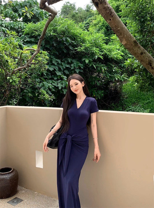 25Aug. 一件式穿不膩繫帶V領短袖連身長裙 藏藍/咖