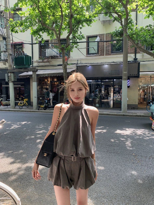 25Jul. 金珍妮同款私服 工裝掛脖花苞背心套裝