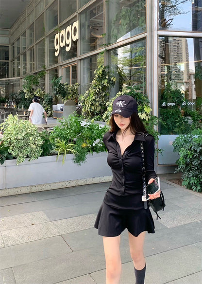 25Jul. 休閒黑色系褶皺襯衫拼接連身裙