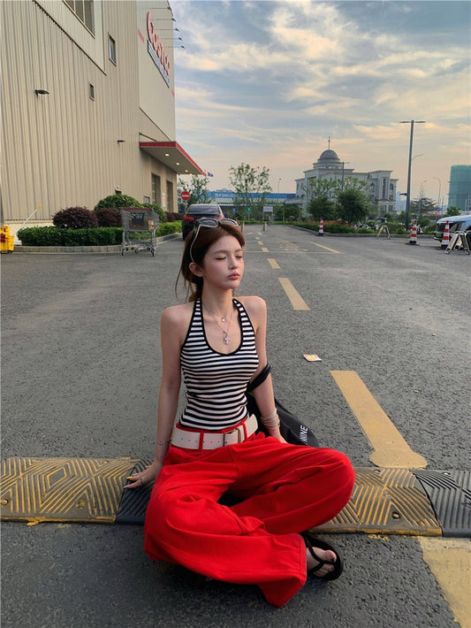 Jun. 經典炸街step高彩度紅色闊腿休閒褲 百搭條紋掛脖背心