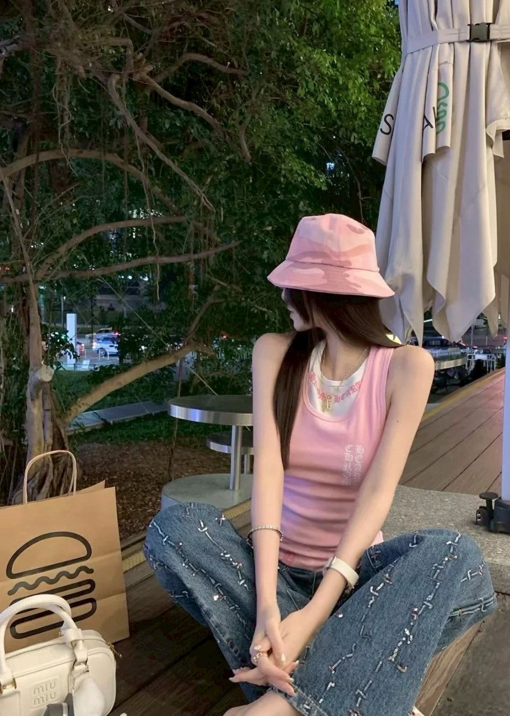 May. 反骨辣妹 梵文印花buff棉質背心 雙色可疊穿 粉/白/黃