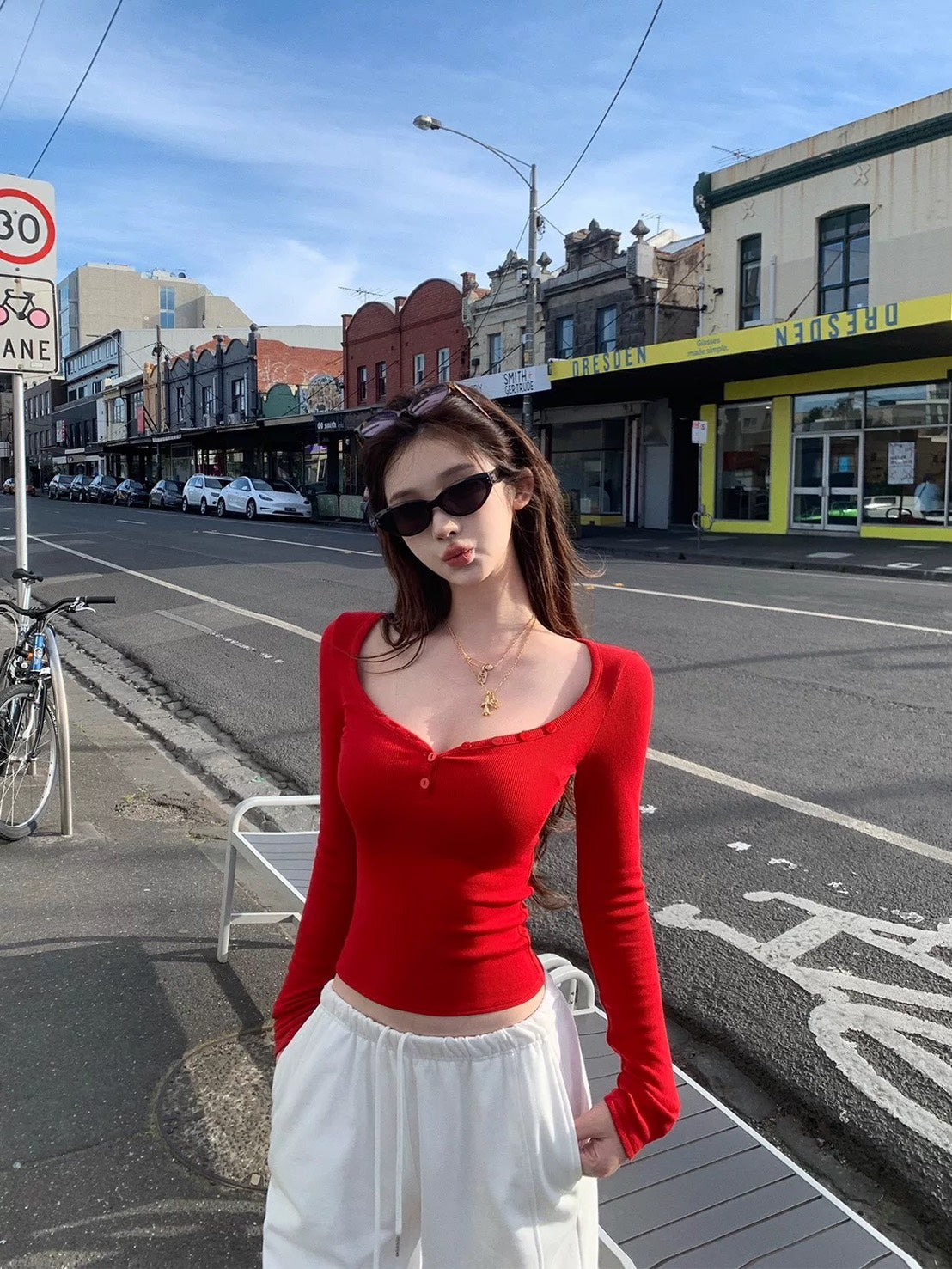 25Nov. 嫩妹天菜2.0桃心領修身長袖T恤 紅色/淺灰