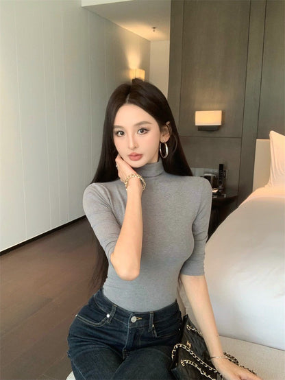 Jun. 穿不膩簡約高領五分袖彈力上衣 灰/卡 顯瘦喇叭褲