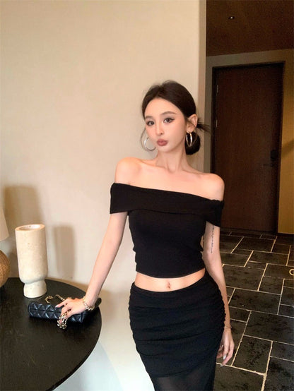 Jun. 淺辣girl 復古一字領透紗半身裙套裝 黑