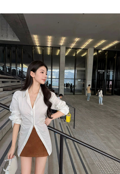 26Apr. 歐美超A字小性感綁帶收腰白襯衫