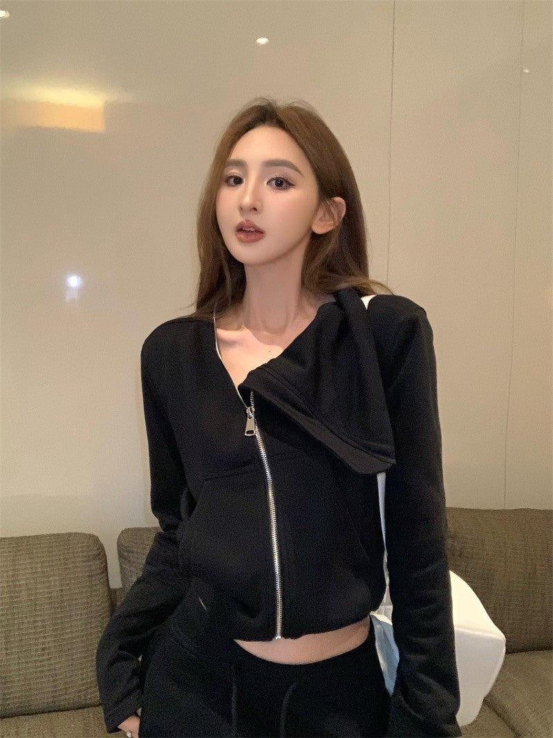 25Jul. 美式休閒 不規則拉鍊立領外套 黑色休閒褲