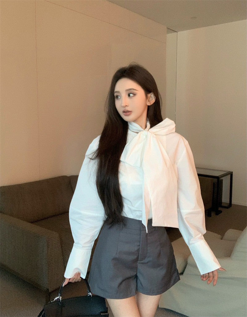 May. 復古法式大蝴蝶結綁帶+襯衫 高腰西裝短褲