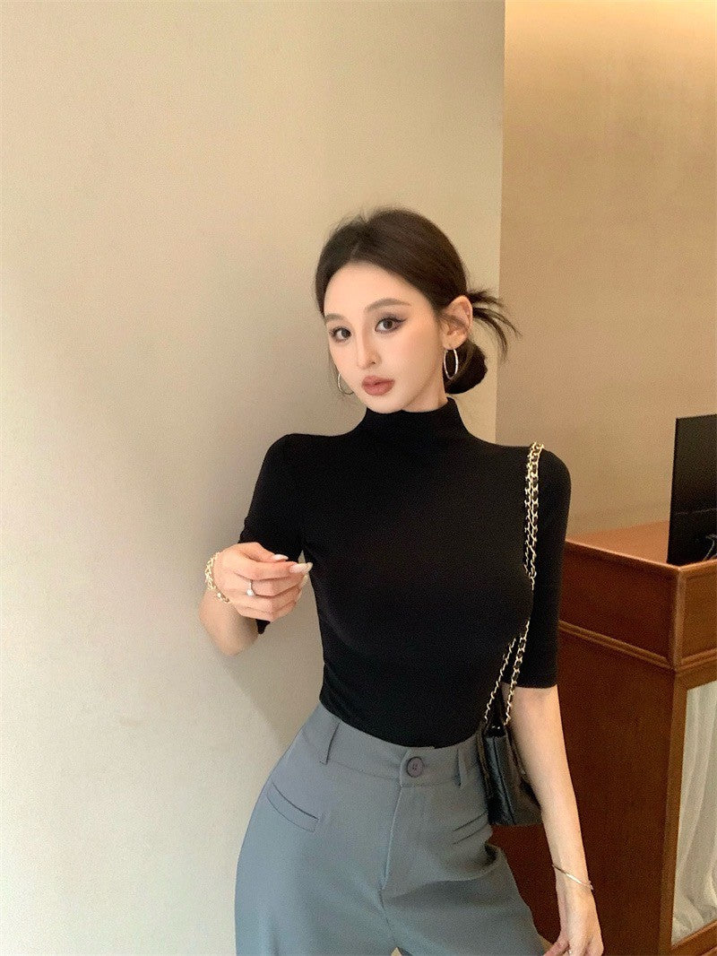 Jun. 高級知性 百搭顯瘦彈力上衣 黑 高腰闊腿褲 灰