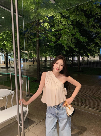 25Oct. 純欲杏茶斜肩女神雪紡上衣 短款