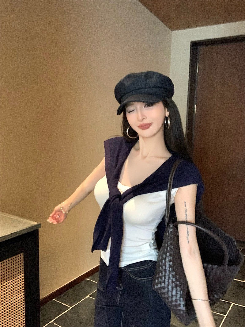 Jun. 時髦牛仔原色顯瘦喇叭褲 簡約藍色披肩