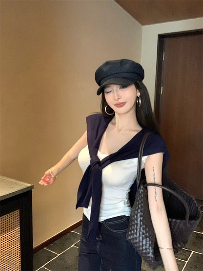 Jun. 時髦牛仔原色顯瘦喇叭褲 簡約藍色披肩