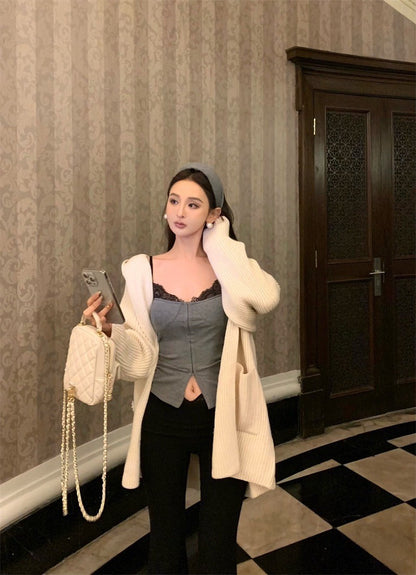 Apr. 美式舞蹈生 蕾絲拼接撞色西裝背心 灰/黑