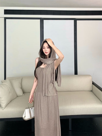 25Nov. 漫舞華爾滋 氣質針織U領連身裙披肩套裝 咖杏/灰