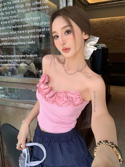 May. 梨花洋溢 俏皮立體花朵背心 粉/黑 顯瘦藍色A字裙