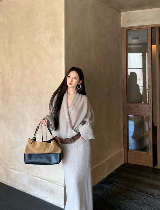 25Nov. 韓系溫柔多穿開襟袍針織半身裙套裝 杏/灰