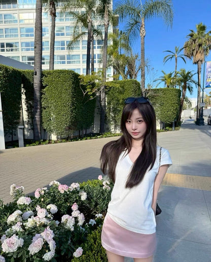 26Jun. 百搭緞感mini裙 氣質通勤中腰裙 粉/香檳杏