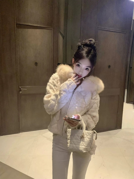 25Dec. D*or綿羊菱格紋針織長狐毛連帽外套