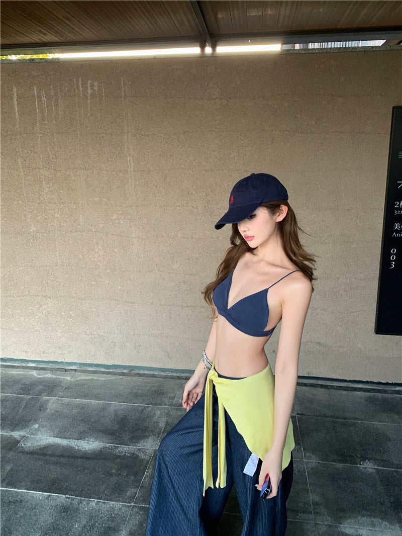 Jun. 清爽度假 辣妹肌理紋比基尼 高腰休閒褲 深藍色