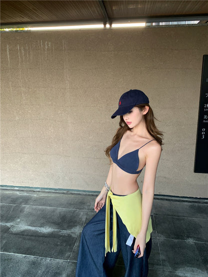 Jun. 清爽度假 辣妹肌理紋比基尼 高腰休閒褲 深藍色