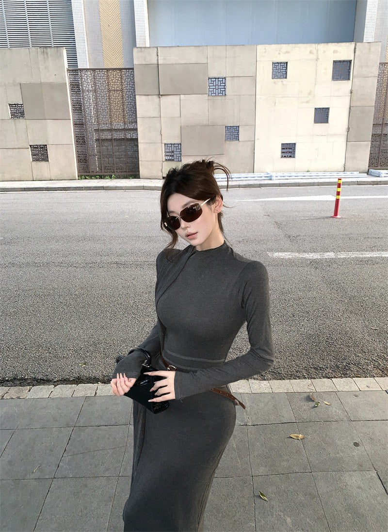 26Jan. 御姐風範不規則開叉包襟連身裙 灰