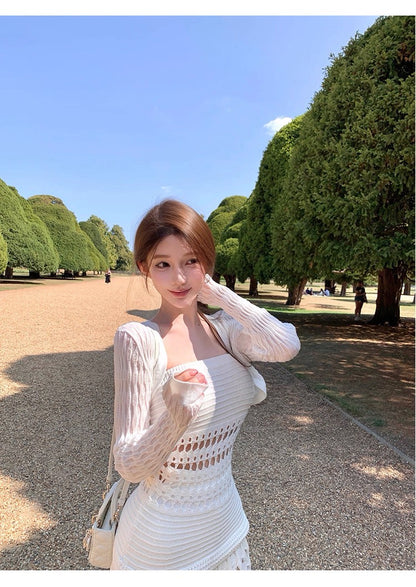 25Oct. 氣質浮雲立體縷空針織連身裙套裝 白