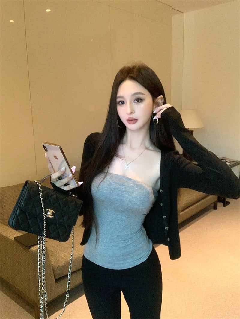 Jun. 黑色排扣防曬開衫 雲感面膜抹胸 紫/灰