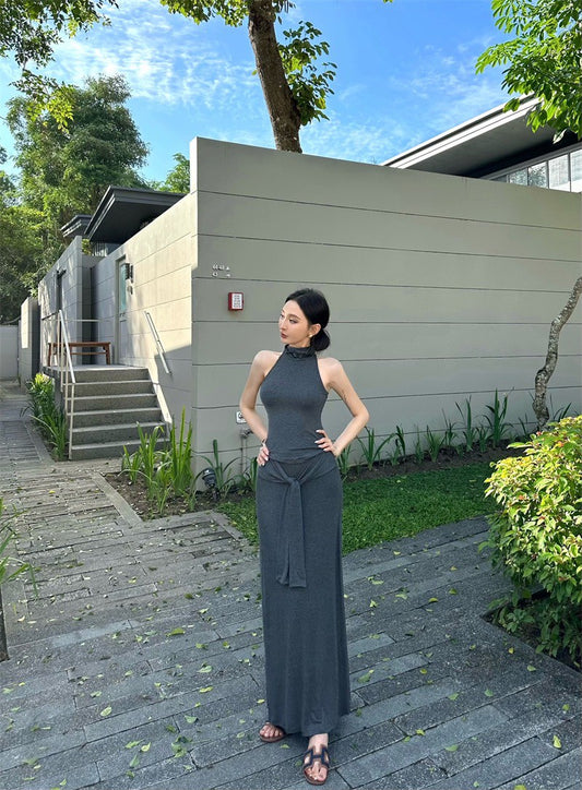 Apr. 清冷高雅簡約純色削肩背心 綁帶半身裙套裝 灰
