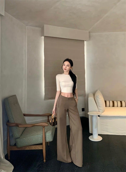 May. 極簡office siren高智修身五分袖上衣  設計款中低腰休閒褲 杏