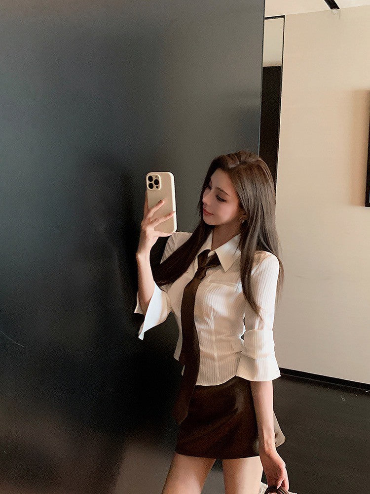 25Oct. 優雅高智姐姐 經典翻領襯衫半身裙套裝 貝殼白套裝