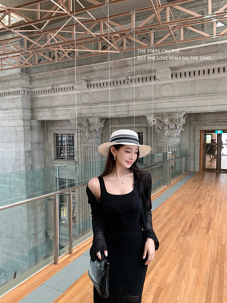 26Apr. 清爽溫柔 老錢度假針織罩衫連身裙套裝 杏/黑