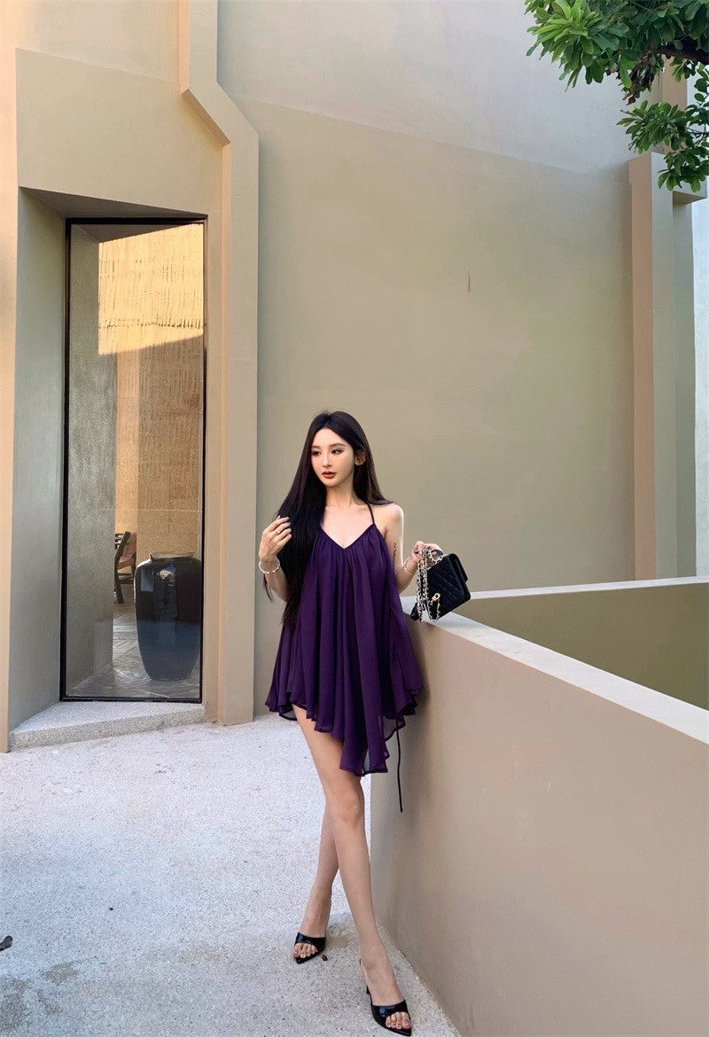 25Aug. 法式飄逸壓折感垂垂上衣裙 紫色