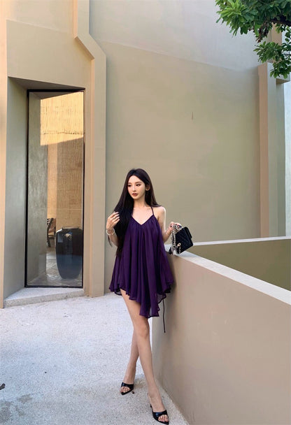 25Aug. 法式飄逸壓折感垂垂上衣裙 紫色