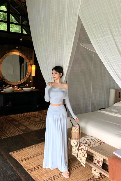 Apr. 法式浪漫 氣質一字翻領高腰抓皺半身裙套裝 淺藍