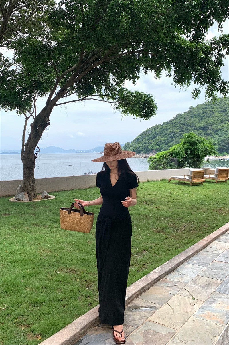 25Aug. 一件式穿不膩繫帶V領短袖連身長裙 灰/黑